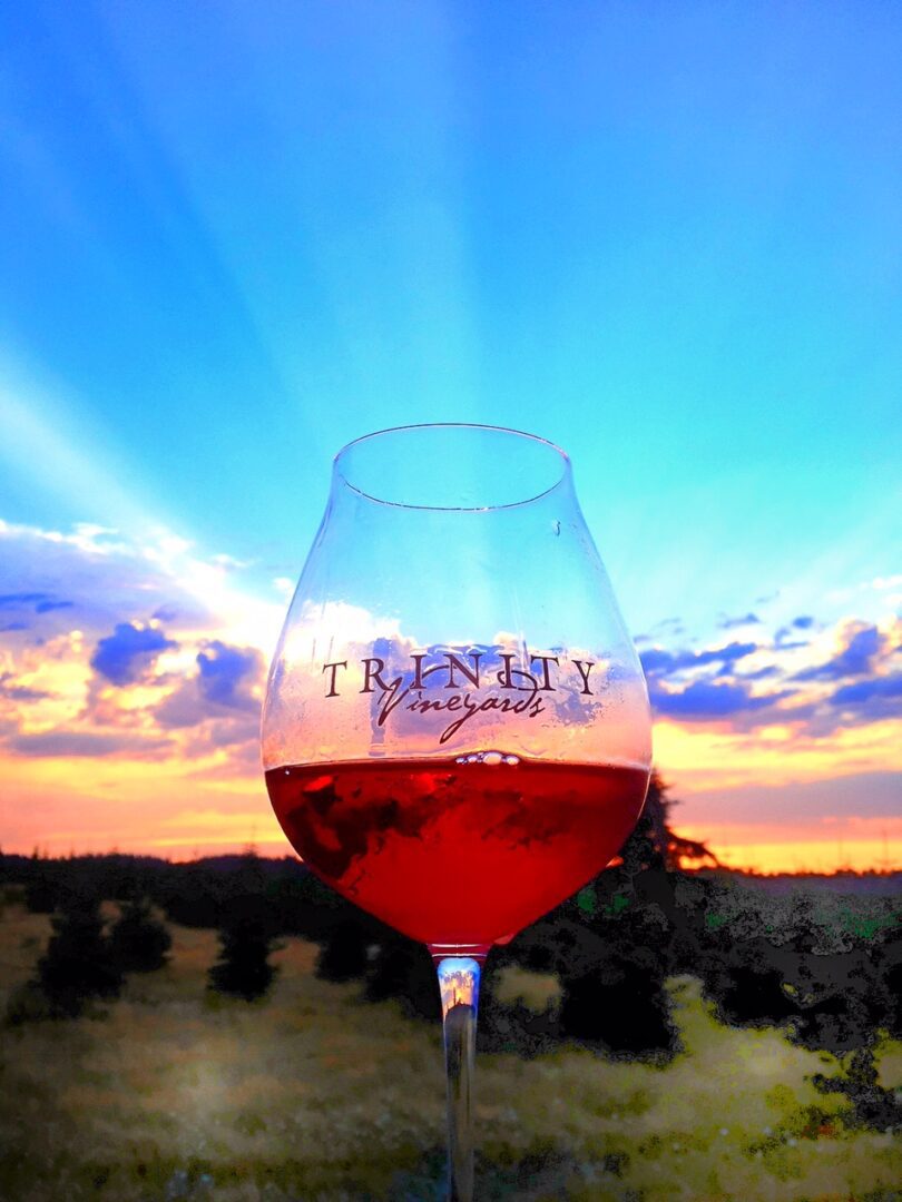A glass of wine is sitting on the ground.