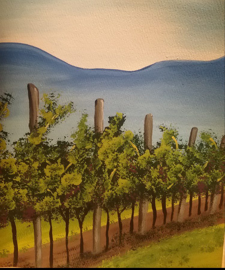 A painting of a vineyard with mountains in the background.