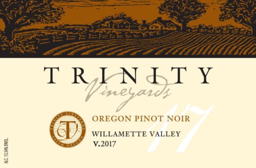 A label for a wine brand with an image of trees.