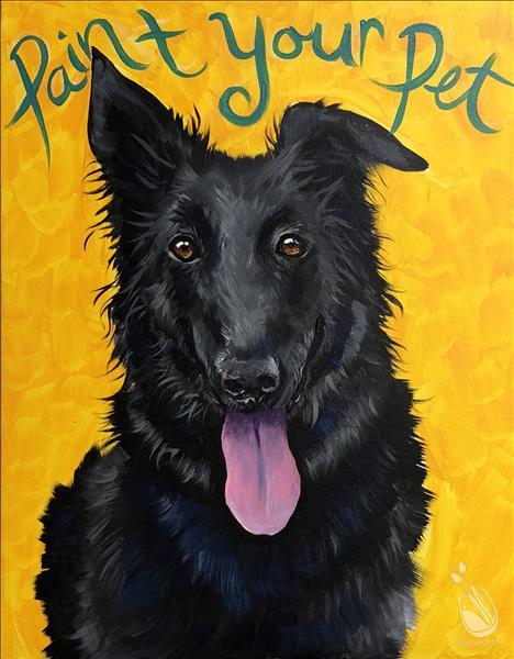A painting of a black dog with purple tongue.