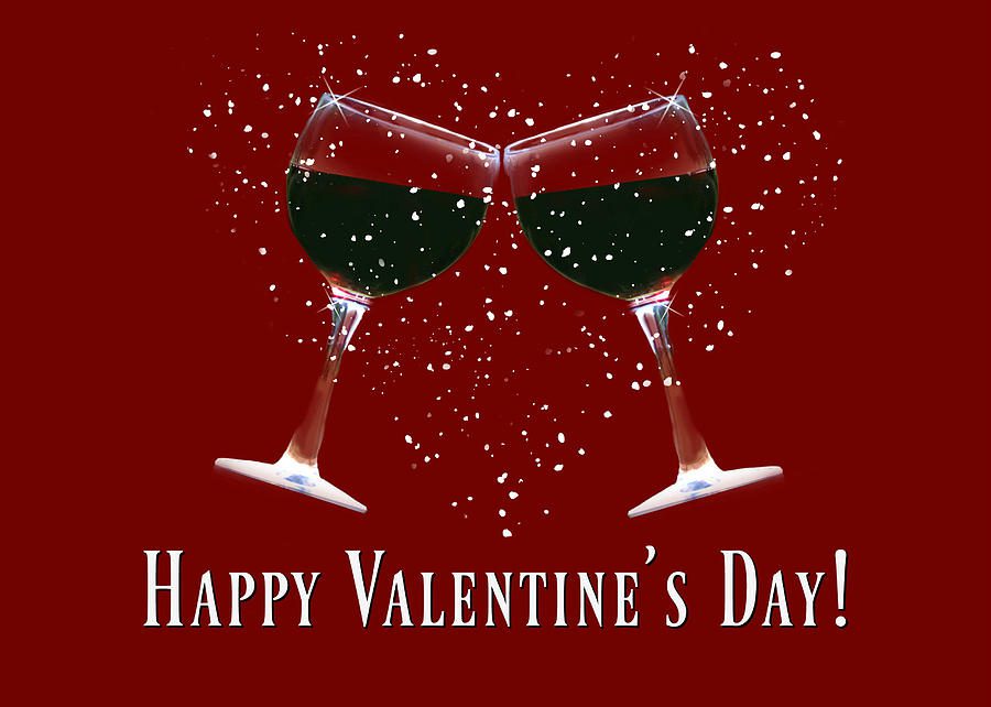 Two wine glasses with a red background and the words " happy valentine 's day !"