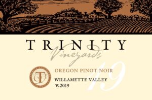 A wine label with an image of a vineyard.