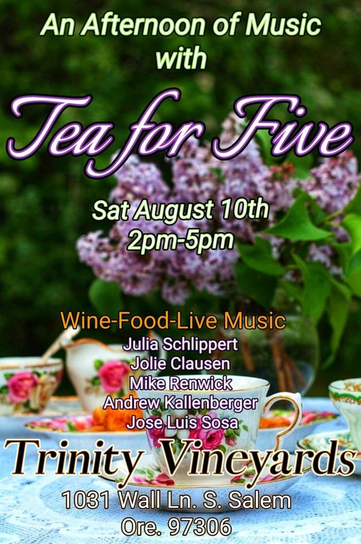 A poster for tea for five, featuring a table with cups and saucers.